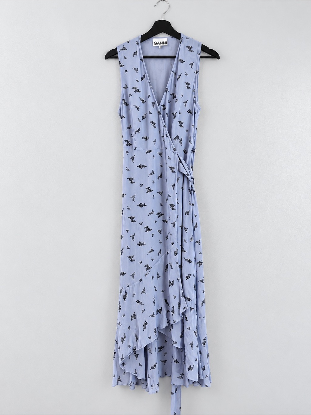 Ganni Pale Blue Sleeveless Floral Wrap Dress